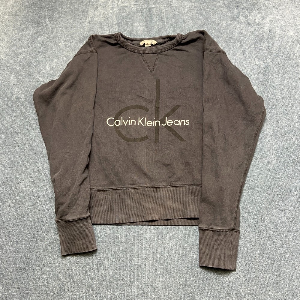 Calvin Klein Jeans Sweatshirt Women M Black Fleece Lined Spellout Logo Crew Neck
